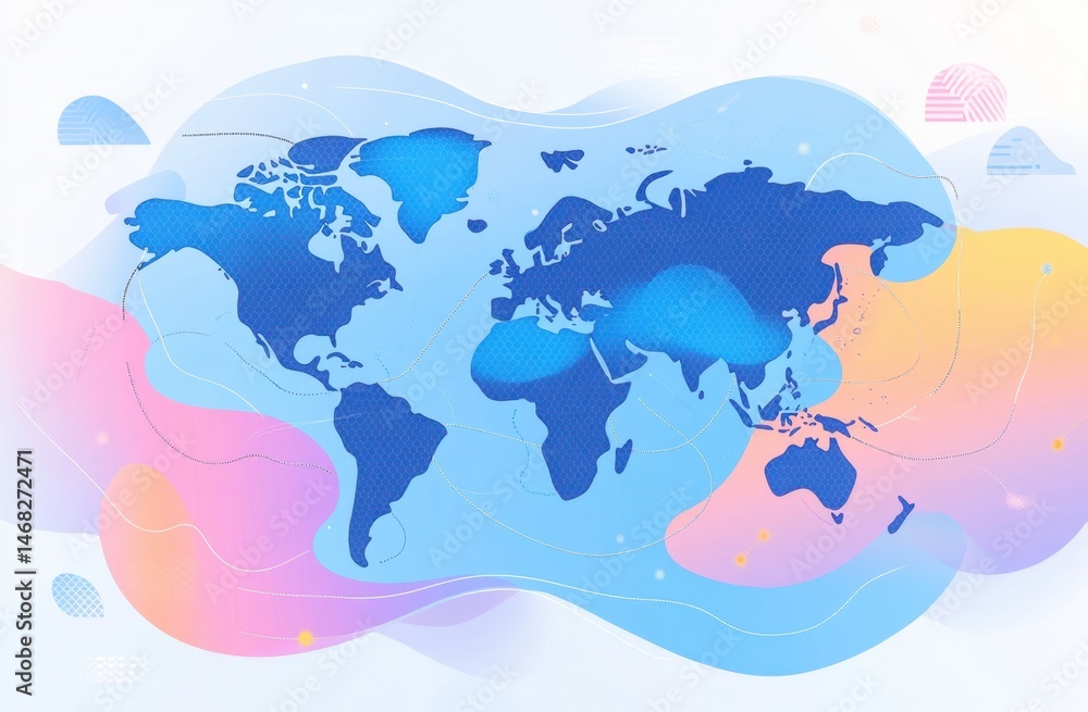Poster abstract global network concept with a blue world map and geometric shapes on a white background gen