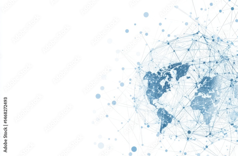 Poster Abstract global network concept with a world map and connection lines isolated on a white background, in a blue color scheme Generative AI