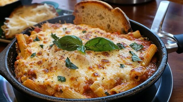 Delicious Baked Ziti Pasta in a Pan with Marinara Sauce and Fresh Basil Leaves