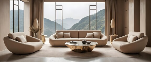 Modern Beige Sofa and Armchairs in Minimalist Living Room with Mountain View