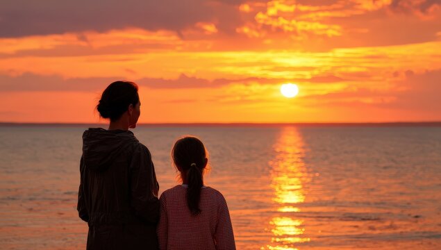 Mother and daughter watch a stunning sunset over the ocean.