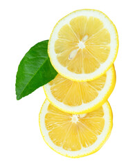 Front view of ripe yellow lemon fruit in three slices or three circles with green leaf isolated in png file format