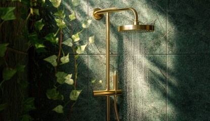 Luxurious gold shower in sunlit green-tiled bathroom.