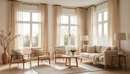 Fototapeta premium Modern Beige Living Room Interior with Large Windows