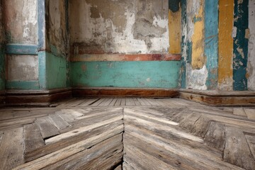 Decaying interior corner, aged wood flooring, peeling paint