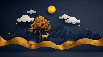 Golden Deer Silhouette Against Mountains Landscape Design