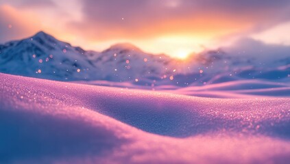 Winter wonderland sunrise over snow-covered mountains. Soft focus on glistening snow drifts with a vibrant sunset