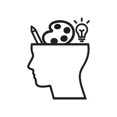 Creative thinking icon, artistic mind symbol, idea generation concept, head with pencil palette and light bulb, innovation and imagination vector