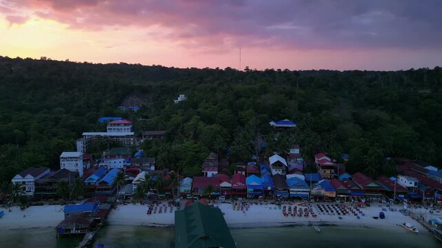 9.3.25 Koh Rong KHM, sunset island village. Gorgeous aerial view flight drone