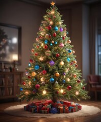 A glowing Christmas tree with colorful ornaments, soft light blur ,  festive,  colorful,  holiday