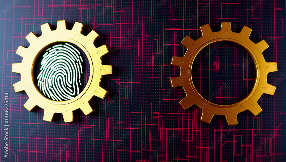 Poster two golden gears, one imprinted with a fingerprint, rest on a dark circuit board background. this sy
