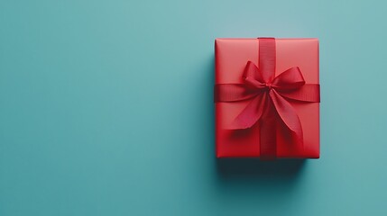 A red gift box with ribbon on a blue background top down view