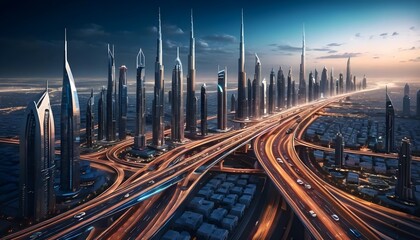 Dubai Skyline at Dusk, Cityscape with Highway Interchange