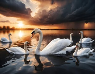 Swans at Sunset Under Dramatic Storm Clouds