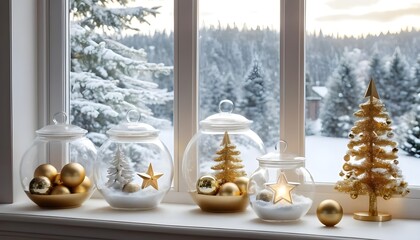 Gold Christmas Decor on Snowy Windowsill