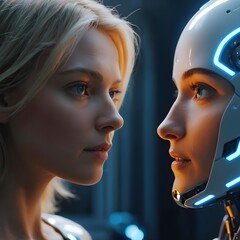 Woman and Robot Face to Face