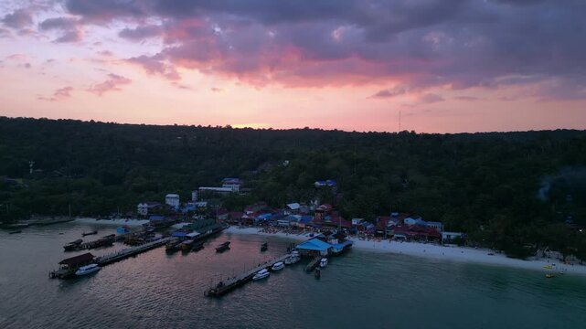 9.3.25 Koh Rong KHM, sunset island village. Magic aerial view flight drone
