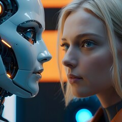 Woman and Robot Face to Face