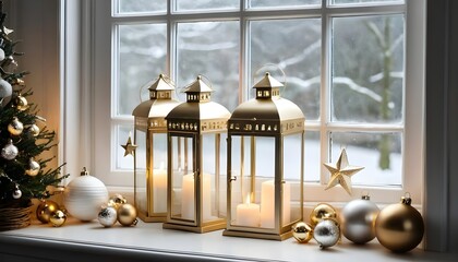 Golden Lanterns and Christmas Ornaments on Windowsill