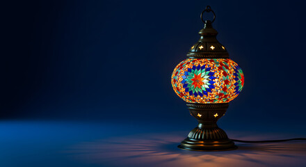 Obraz premium Ornate traditional illuminated mosaic lamp with warm glowing light casting intricate patterns on a dark blue background, concept for cultural celebration, home decor inspiration and festive event
