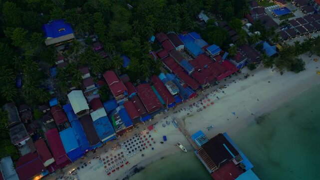9.3.25 Koh Touch khm, beach restaurants night. Smooth aerial view flight drone