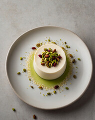 Top-Down Panna Cotta with Crushed Pistachios on White Plate and Neutral Background