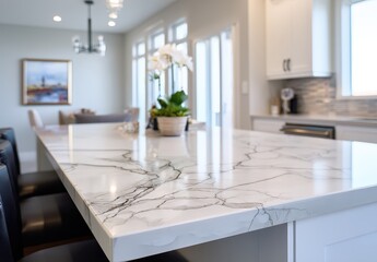 Elegant kitchen with marble countertop and orchid centerpiece.