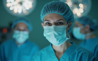 A confident female surgeon, wearing a surgical mask and cap, looks directly at the camera in an operating room.  Two colleagues are blurred in the background. The scene is dimly lit, emphasizing the s