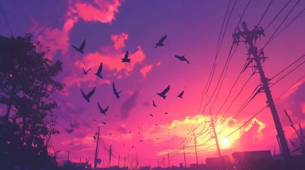 Fototapeten Beautiful pink sunset with birds flying over city landscape aesthetic wallpaper background art © Bruno