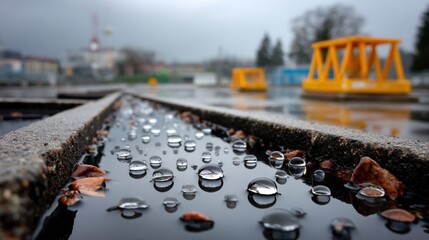Close-up of water droplets on a drain with leaves on a rainy day in an urban setting