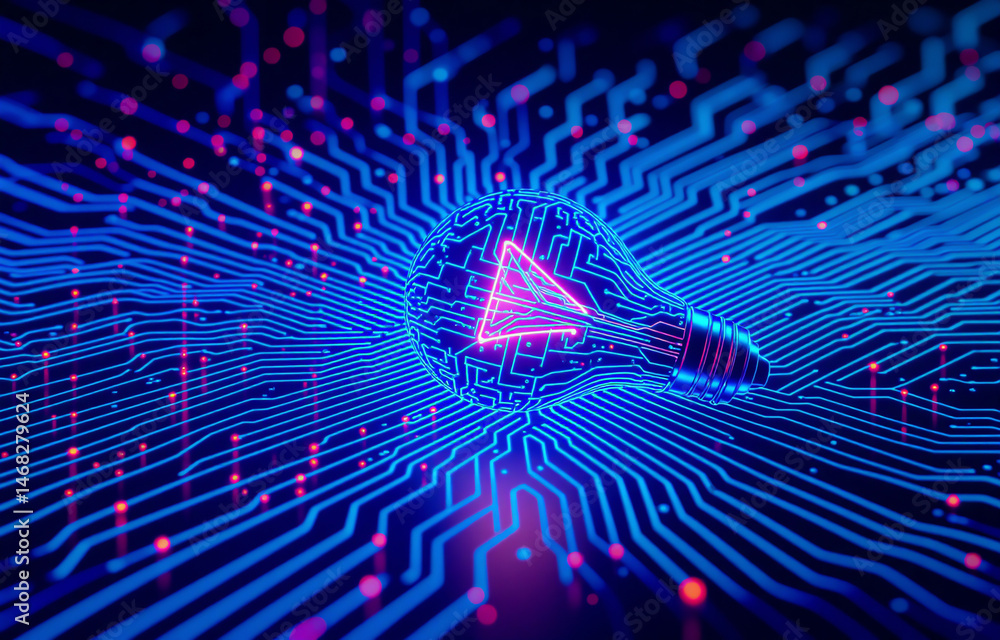Poster a glowing lightbulb, formed from circuit board pathways, symbolizes innovative digital solutions and