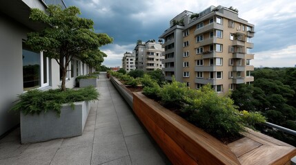 Modern high-rise balcony with lush greenery and cityscape view under cloudy sky during daytime