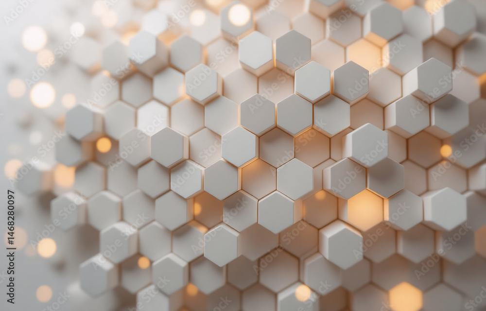 Poster abstract 3d rendering of a sphere composed of off-white hexagonal shapes. warm, glowing lights illum