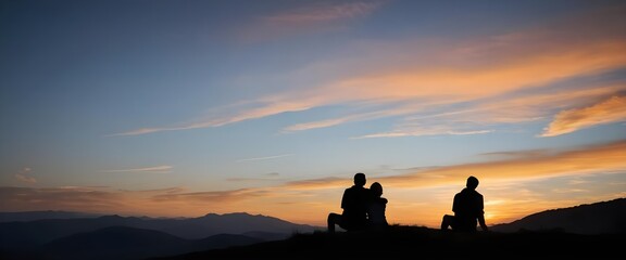 Silhouetted Couple and Friend Watching Sunset over Mountains