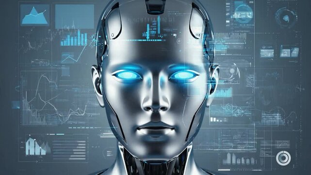Futuristic robot head with digital display