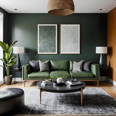 Modern Green Leather Sofa in Dark Green Living Room