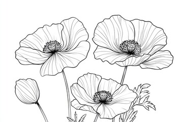 Elegant black and white line art depiction of poppy blossoms.