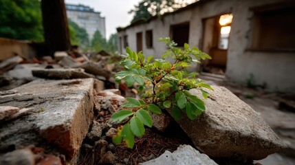 Fototapeta premium Small green plant growing amid debris and ruins in an abandoned construction site with blurred background of incomplete building and trees at sunset