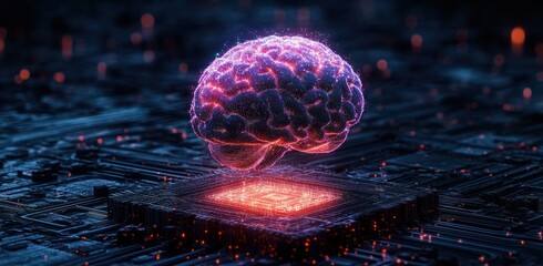 Glowing digital brain hologram hovering above a futuristic microchip circuit board emitting neon purple and orange light in dark tech environment