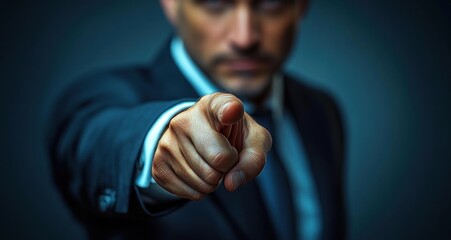 Focused man in business suit pointing directly at the viewer with an assertive expression in a dark blurred background