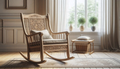 Rocking chair in the exotic living room with open windows and sunlight coming in