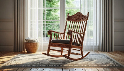 Rocking chair in the exotic living room with open windows and sunlight coming in