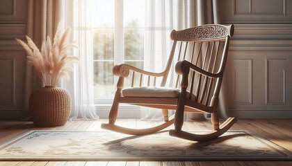 Rocking chair in the exotic living room with open windows and sunlight coming in