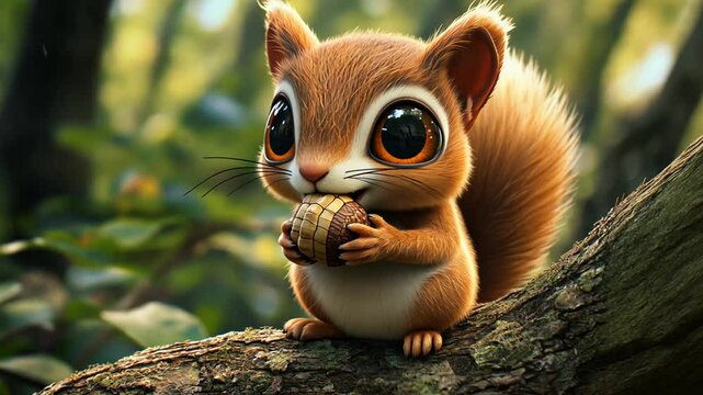 Adorable squirrel with big eyes clutching a nut, sitting on a mossy branch