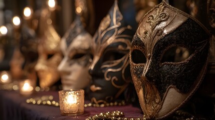 Line of carnival masks displayed on velvet windowsill showcases ornate craftsmanship vibrant colors festive flair