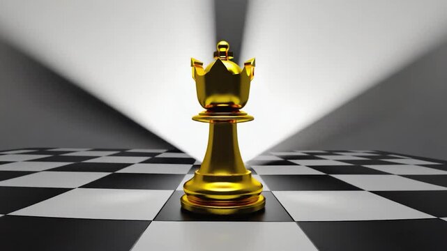 Golden chess queen on checkers background