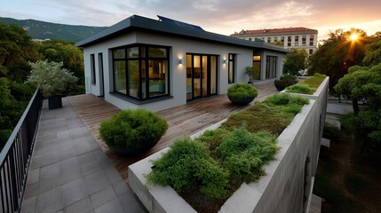 Modern flat-roof house with large floor-to-ceiling windows and rooftop garden, sunset view in urban setting