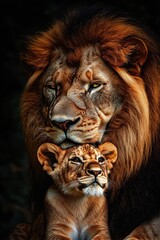 Fototapeta premium Majestic adult lion with a thick mane tenderly embracing a young lion cub showing a powerful yet gentle connection in a dark natural setting