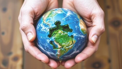 Hands holding a globe with a puzzle piece missing from it.