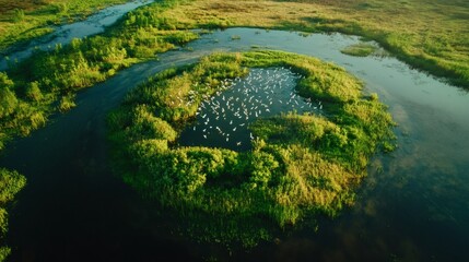 Naklejka premium Aerial view of birds flying over green island in river nature landscape scenic travel destination